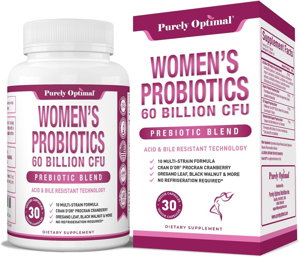 Purely Optimal Women’s Probiotics 60 Billion CFU – Supports Digestive & Vaginal Health, Odor Control, pH Balance – with Prebiotics & Cranberry – Shelf-Stable Probiotics for Women, 30 Capsules