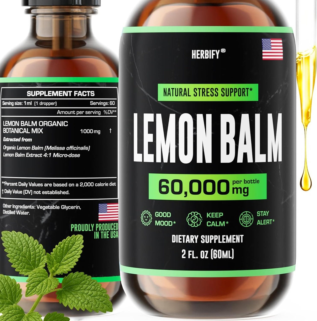 HERBIFY Lemon Balm Tincture - Melissa Officinalis Leaf Liquid Extract - Brain Support and Mood Boost - Lemon Balm Drops for Immune & Cognitive Support - 2 Fl oz