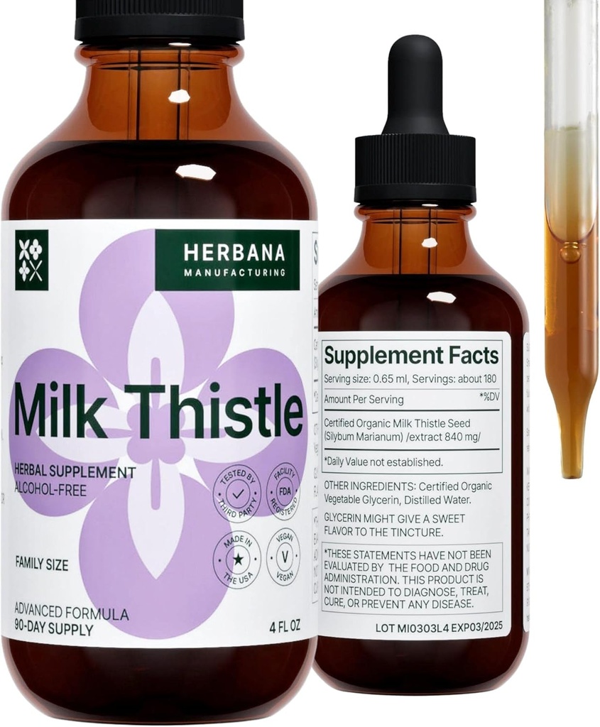 Milk Thistle 4 fl oz Liquid Extract - Natural Liver Support Drops - Cleanse and Detox Herbal Supplement - Silybum Marianum Tincture for Man & Woman - Family Size - High Potency - 90-Day Supply
