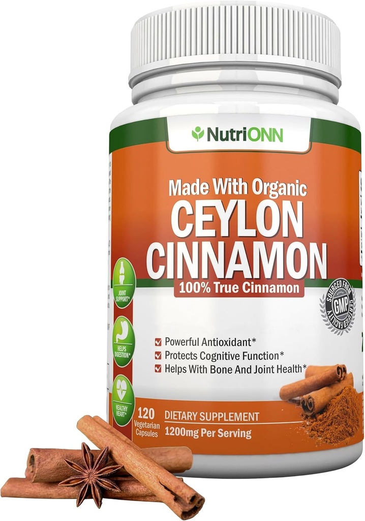 Organic Ceylon Cinnamon 1200 mg | 120 Vegan Capsules | True Cinnamomum verum from Sri Lanka | Non-GMO, Third-Party Lab Tested, Low Coumarin, GMP Certified