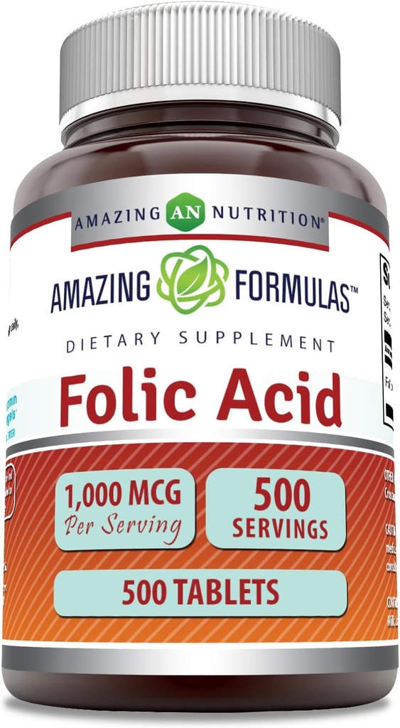 Amazing Formulas Folic Acid 1000 Mcg (1 Mg) Tablets Supplement | Vitamin B9 | Non-GMO | Gluten Free | Made in USA (500 Count)