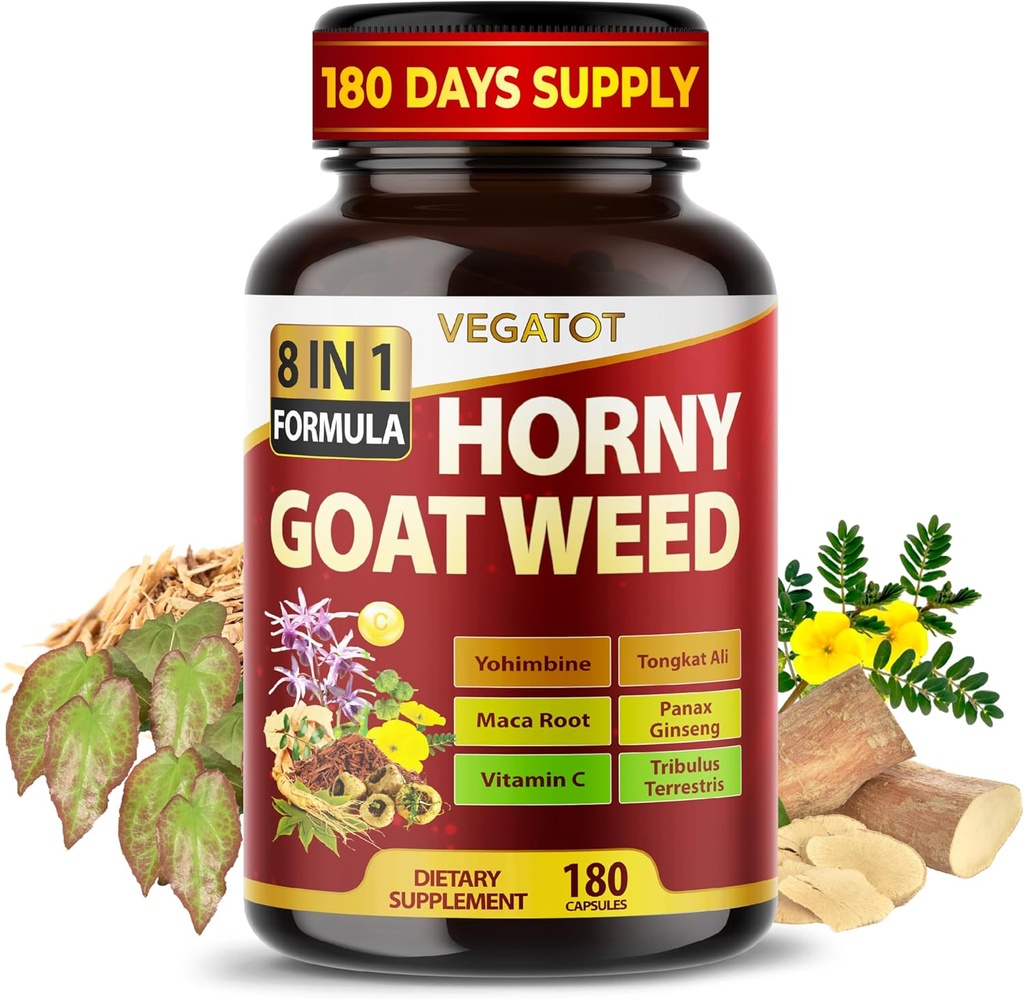Horny Goat Weed 600 mg with Yohimbine, Tongkat Ali, Maca, Tribulus & Panax Ginseng – 8-in-1 Strength & Vitality Support – 180 Capsules – Vegatot – Gluten-Free, Lab Verified