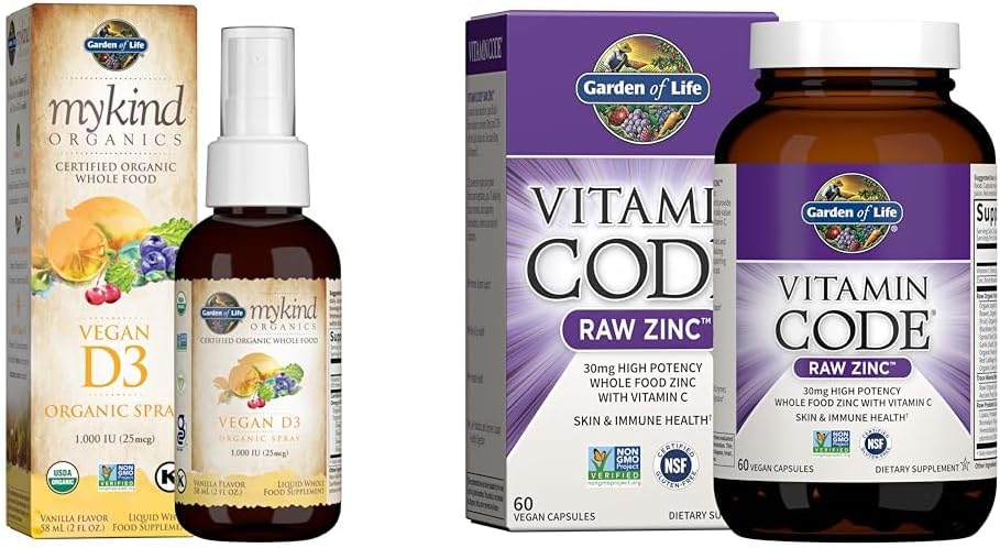 Garden of Life Organics Vegan Vitamin D3 Spray 1000 IU, Zinc Supplements 30mg - Vitamin C, Immune & Skin Health