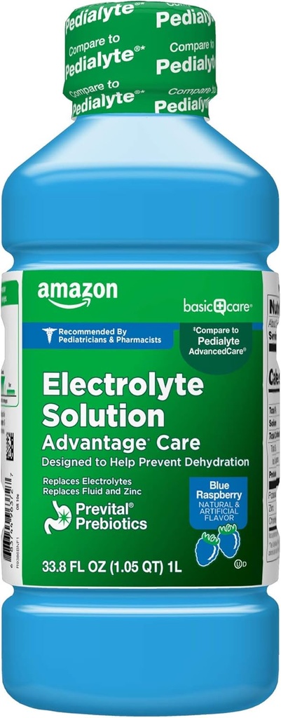 Amazon Basic Care Electrolyte Solution Advantage Care with PreVital Prebiotics, Blue Raspberry, Designed to Help Prevent Dehydration, Replaces Electrolytes, Fluid and Zinc, 33.8 fl oz (Pack of 1)