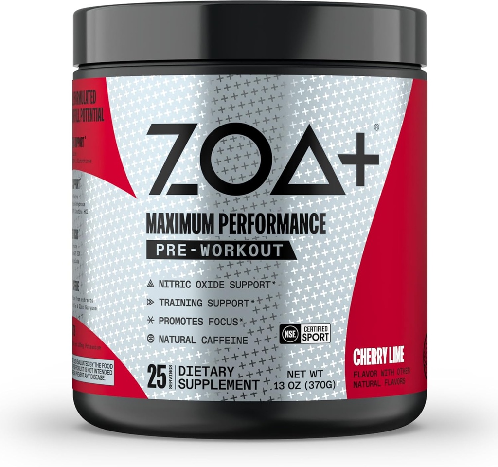 ZOA+ Zero Sugar Pre Workout Powder, Cherry Lime - NSF Certified for Sport with Electrolytes, Creatine, Beta Alanine, Ginkgo Biloba, 200mg Caffeine - 25 Servings
