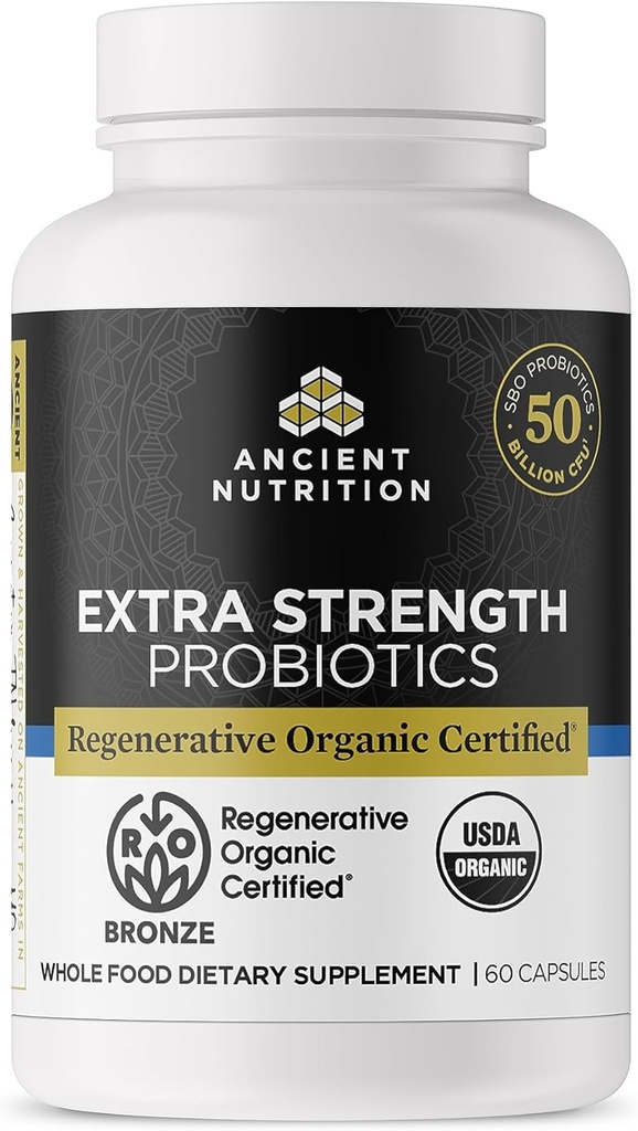 Ancient Nutrition Regenerative Organic Certified Probiotics, Extra Strength Probiotics, for Healthy Digestion and Immune System Function Support, 50 Billion CFUs* Per Serving, 60 Count