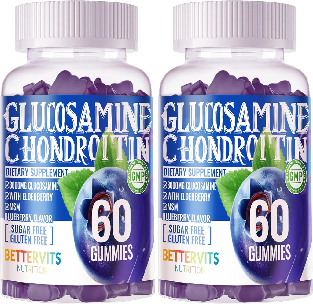 Glucosamine Chondroitin Gummies with MSM & Elderberry Extra Strength - Joint Support, Antioxidant Immune Support Supplement for Adults, Men & Women.120 Blueberry Gummies