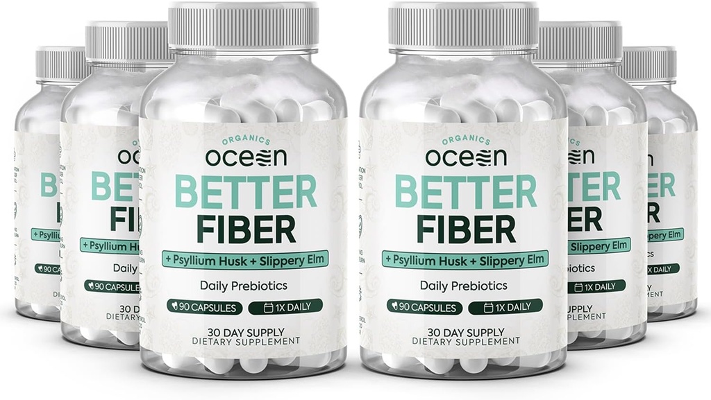 Organics Ocean Better Fiber - Daily Fiber Supplement - Soften Stool for Effortless Bowel Movements - with Psyllium Hulk and Slippery Elm - 6 Bottles