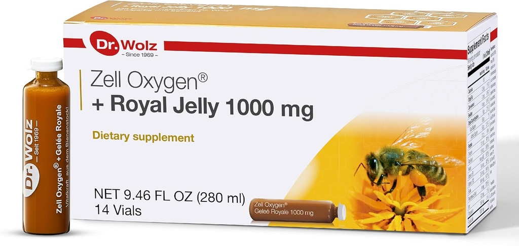 Dr. Wolz Zell Oxygen + Royal Jelly 1000mg, Organic Superfood and All Natural Energy Supplements, Nutrition for Immune Support, Healthy Skin, Fatigue Relief and Energy Boost, 14 Vials