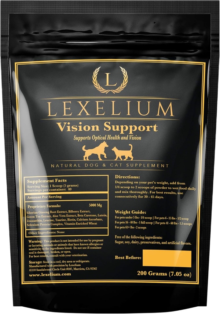 Vision Support & Eye Sight Supplement for Dogs and Cats- Fortified with Zeaxanthin, Bilberry, Lutein, and Beta Carotene - 200 Grams