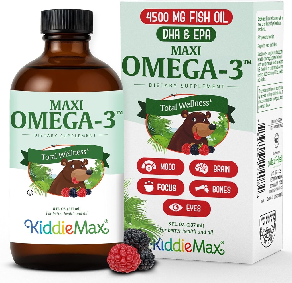 Maxi Health Omega 3 for Kids Supplement – Kosher Omega 3 Kids Fish Oil Liquid with DHA & EPA – Liquid Fish Oil Supplement with Fruity Burst Flavor to Support Mood, Brain, Focus, Bones & Eyes (8 oz)