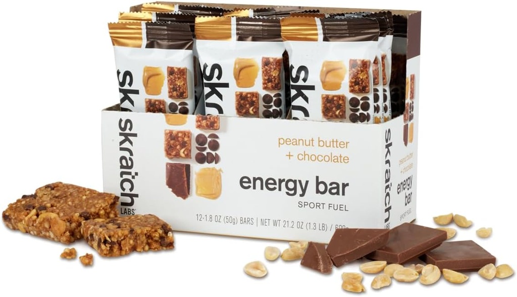 Skratch Labs Energy Bar | Peanut Butter + Chocolate (12 Pack) | Plant Based Healthy Snack | Low Sugar - 5g Protein | Non-GMO, Gluten Free, Soy Free, Vegan, Kosher