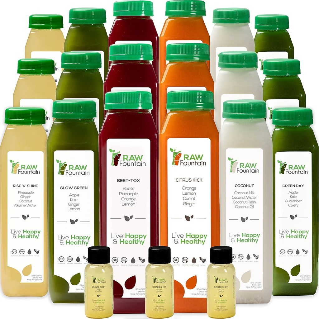 10 Day Juice Cleanse by Raw Fountain, All Natural Raw Detox Cleanse, Juicing for Body Reset, Cold Pressed Juice Fast, Jumpstart a Healthier Diet, 60 Bottles 12oz, 10 Ginger Shots