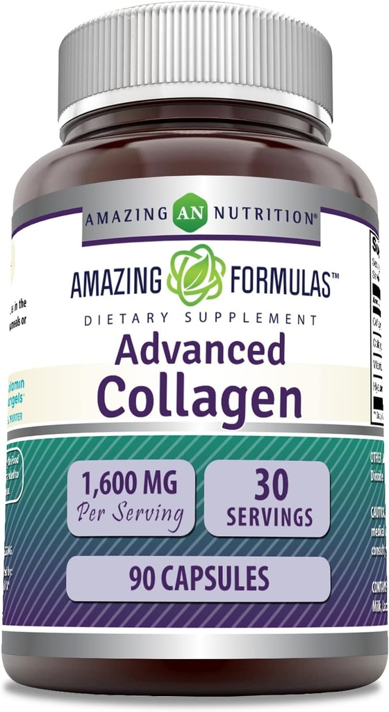 Amazing Formulas Advanced Collagen Supplement | Collagen Type I, II & III with Vitamin C & Hyaluronic | 1600 Mg Per Serving | 90 Capsules | Non-GMO | Gluten-Free | Made in USA