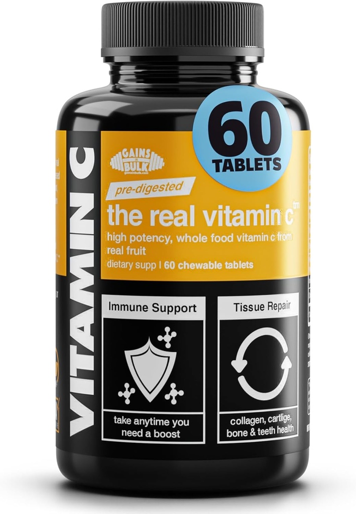 Gains in Bulk Real Vitamin C, Immune Support Chewable, Natural Vitamins with Citrus Bioflavonoids, Whole Food Vitamin C Supplement from Plant Sources, Vegan Supplements for Women and Men, 60 Tablets