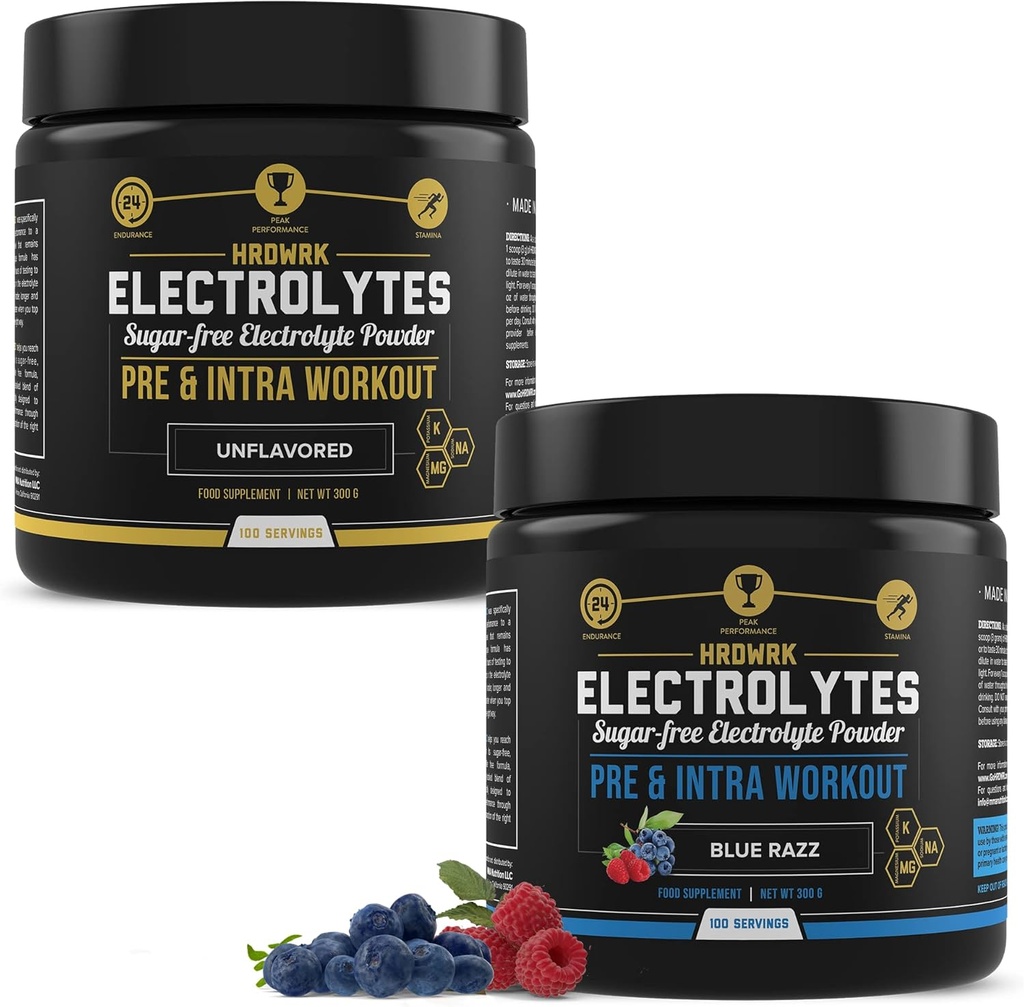 MMA Nutrition HRDWRK 100 Servings Keto Electrolytes Powder Hydration Sugar Free - Electrolyte Powder to Boost Endurance & Reduce Fatigue with Electrolytes Supplement - Unflavored & Blue Raspberry Set