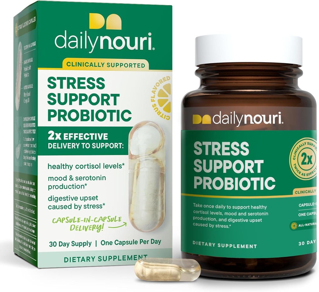 DAILYNOURI Stress Support Probiotic for Women & Men | Supports Cortisol Management, Stress Relief, Mood, Digestion & Gut Health | 3 Clinically Studied Strains + Vegan Omega Oil | 30-Day Supply