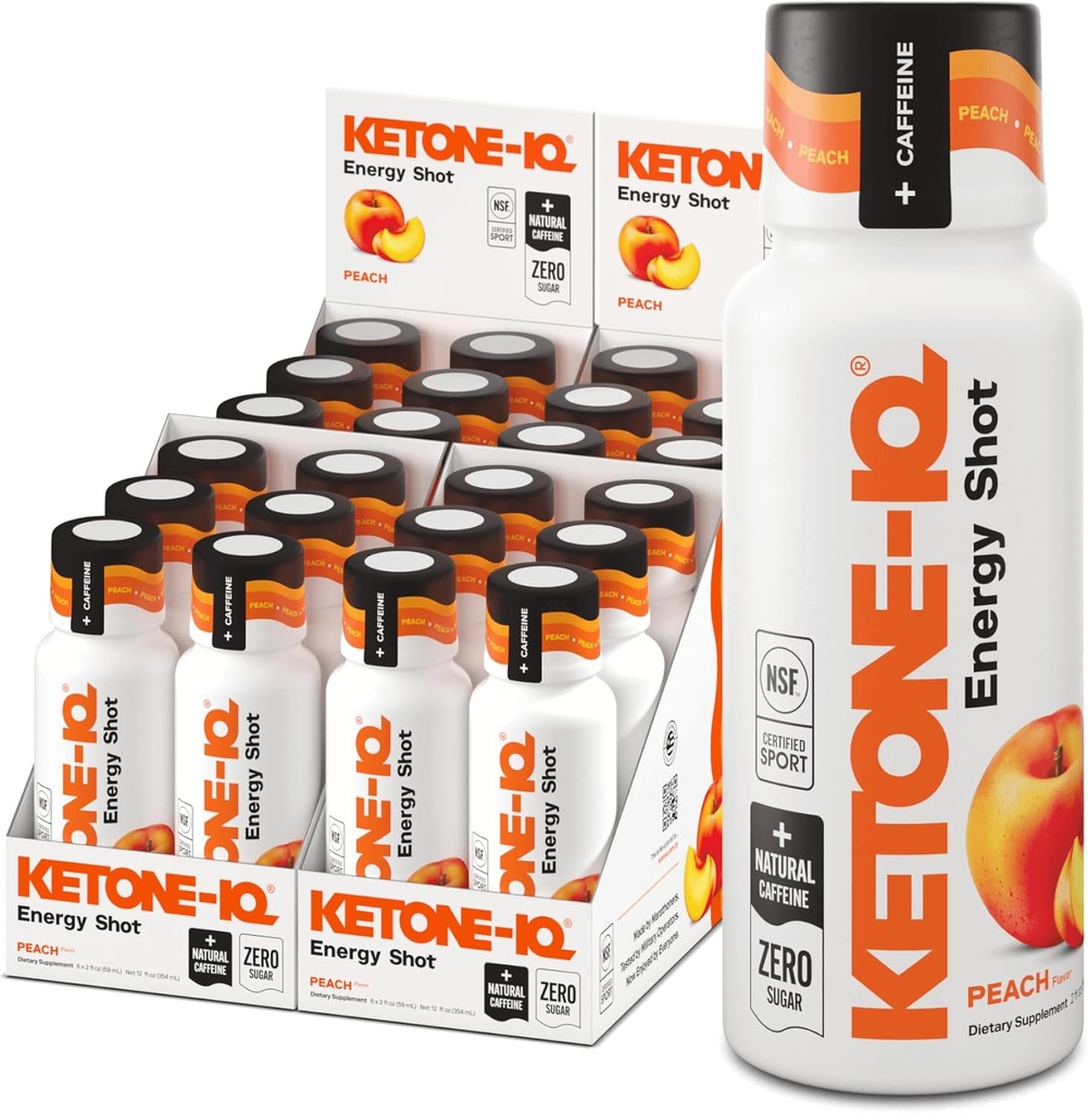 Ketone-IQ Ketone Energy Shots - 100mg Green Tea Caffeine, 5g Exogenous Ketones, and B Vitamins - 24 On The Go Caffeine Shots - Fast Acting Energy Drink (Peach)