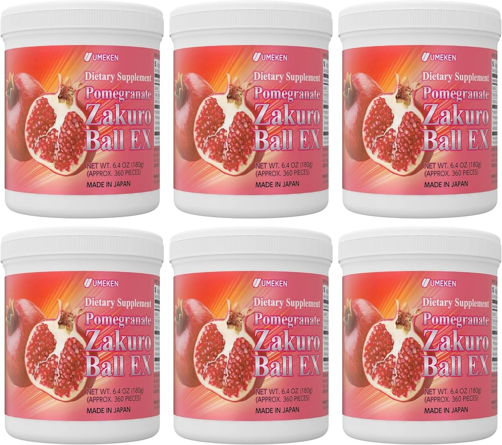 Umeken Pomegranate Balls, Chewable Supplement with Natural Vitamins, Minerals, Citric Acids & Tannins, Japanese Pomegranate Supplements for Women, 1 Year Supply, 360 Count Bottle, Pack of 6