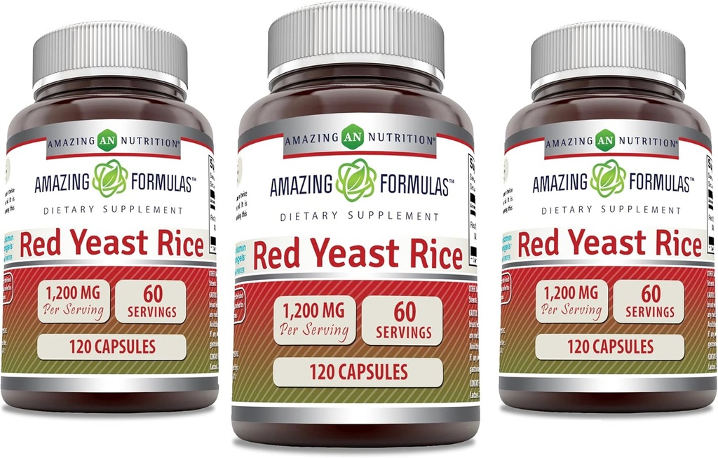 Amazing Formulas Red Yeast Rice 1200mg Per Serving Capsules Supplement | Non-GMO | Gluten Free | Made in USA (120 Count, 3 Pack)