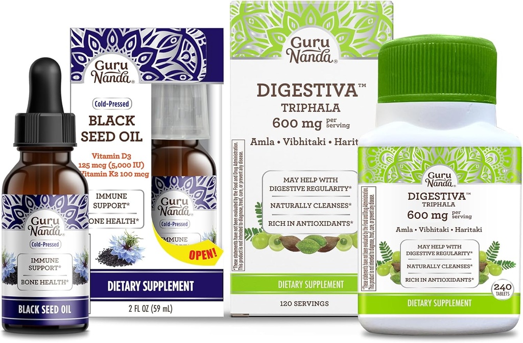 GuruNanda Black Seed Oil, Cold-Pressed Nigella Sativa - Rich in Vitamin D3 5000 Units & Digestiva Triphala (240 Tablets), Supports Digestion, Helps with Bloating