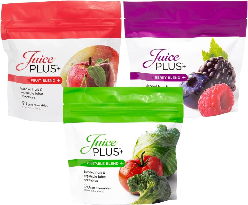 JuicePlus+ Fruit, Vegetable & Berry Blend Soft Chews (Chewables) - 30 Plant-Based Ingredients! Vegan Gummies for Kids & Adults - Gluten-Free, Non-GMO, No HFCS - Prepacked 3 pouches (30 Chews Each)