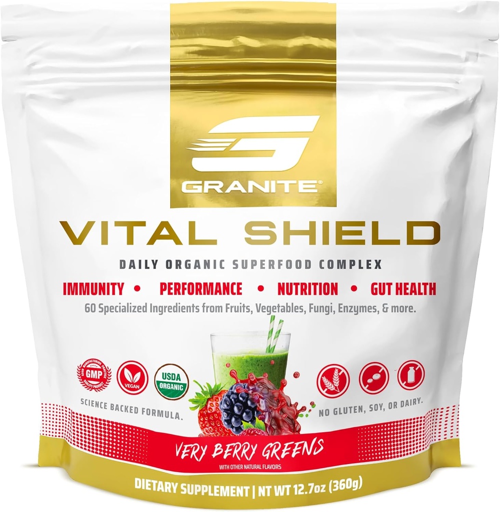 Granite Nutrition Vital Shield - USDA Organic Superfood Greens with Mushrooms & Tart Cherry for Energy, Immunity & Gut Health - Very Berry (30 Servings)