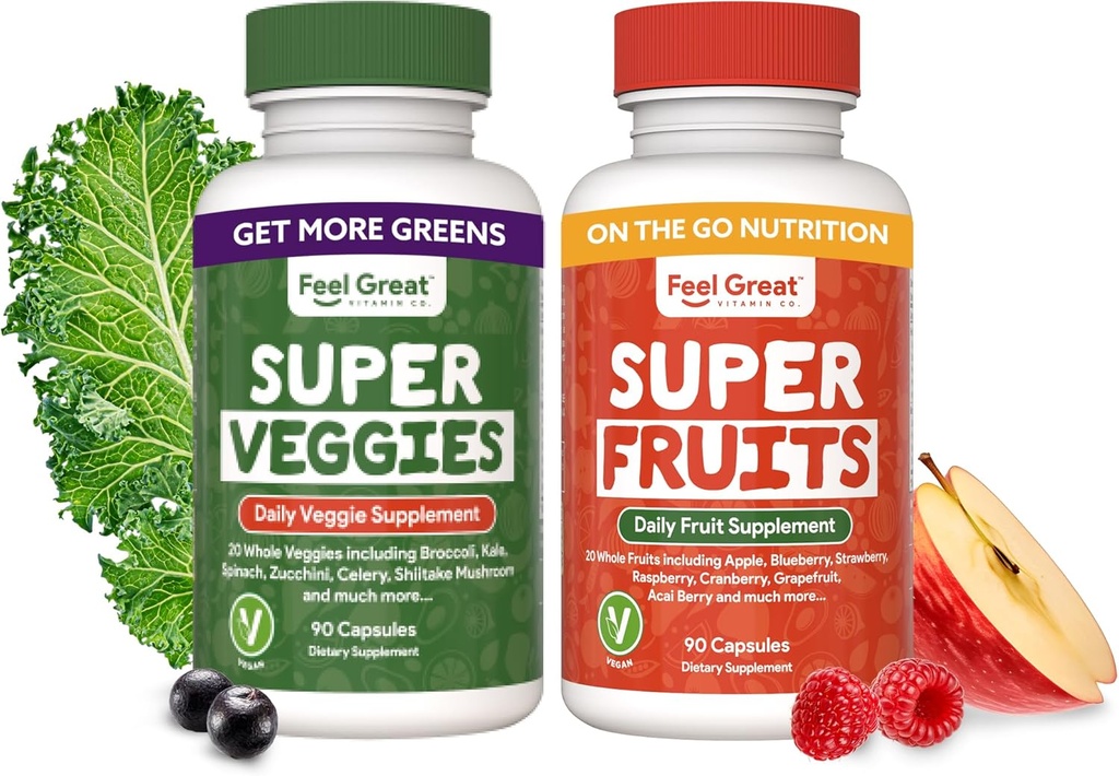 Feel Great Fruit and Vegetable Supplements | 20+ Super Reds & Greens for Natural Energy Support | Vegan Fruit and Veggie Vitamins | 2 Pack of 90 Count Each