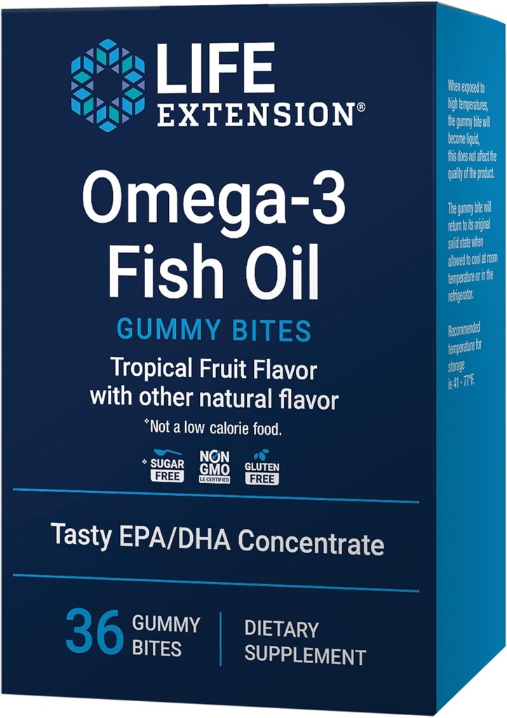 Life Extension Omega-3 Fish Oil Gummy Bites, EPA DHA Fatty acids, High-dose EPA DHA Support in a Delicious chewable Form, Non-GMO, Gluten Free, 36 Gummy Bites