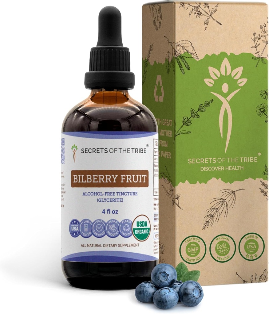 Secrets of the Tribe Bilberry Fruit USDA Organic | Alcohol-Free Extract, High-Potency Herbal Drops, Vision | Made from 100% Certified Organic Bilberry (Vaccinium Myrtillus) Dried Fruit 4 oz