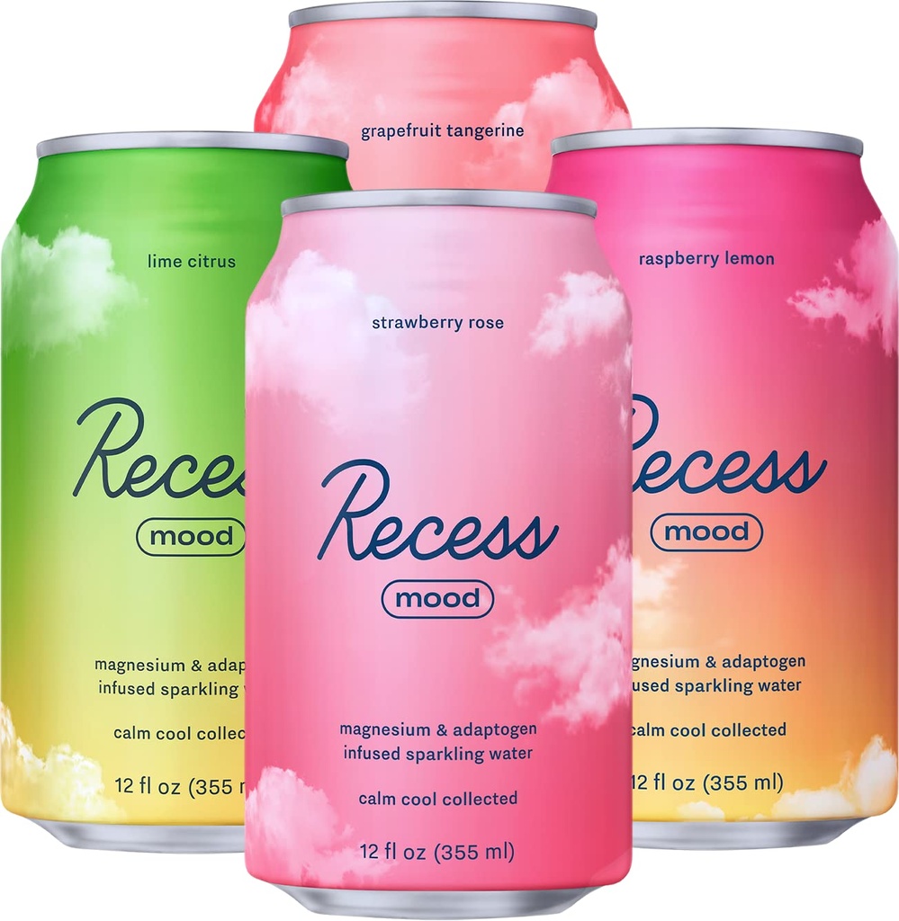 Recess Mood Magnesium & Adaptogen Drink, Relaxation Beverage, 12 Ounce (Variety Pack, 12 Pack)