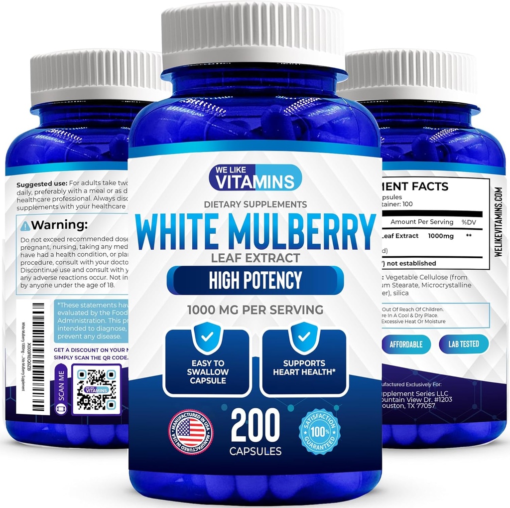 We Like Vitamins White Mulberry 1000mg 200 Vegan Capsules – White Mulberry Leaf Extract Capsules Supplement