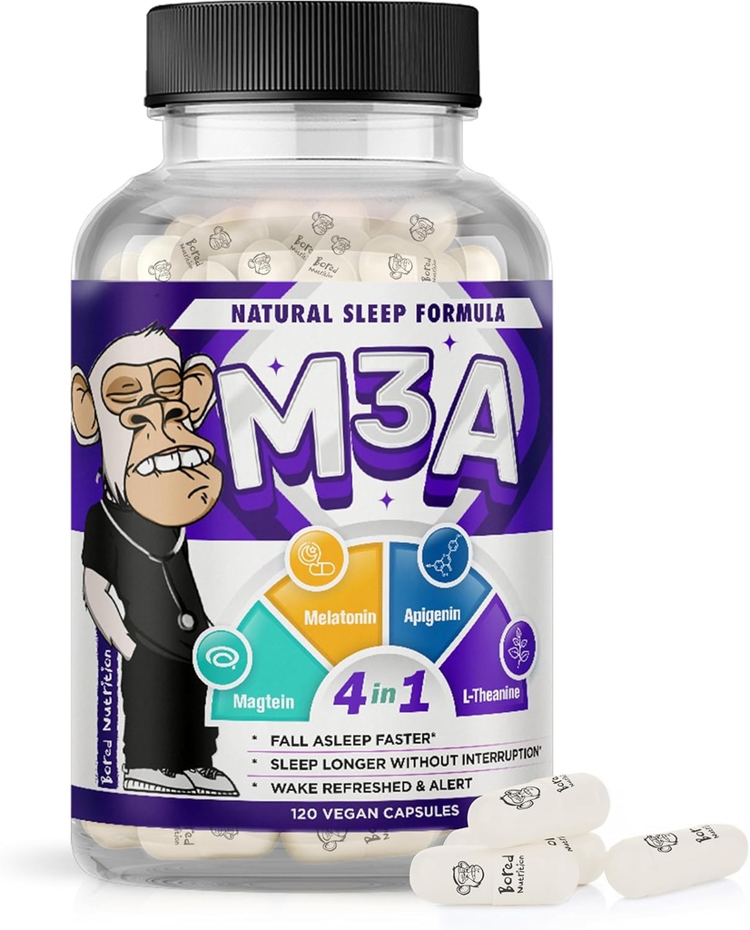 M3A Sleep Support - Magtein, Apigenin Melatonin with L-Theanine - 90 Capsules - 4-in-1 Non-Habit Forming Apigenin Supplement for Sleep - Restful Nights and Refreshing Mornings - by Bored Nutrition