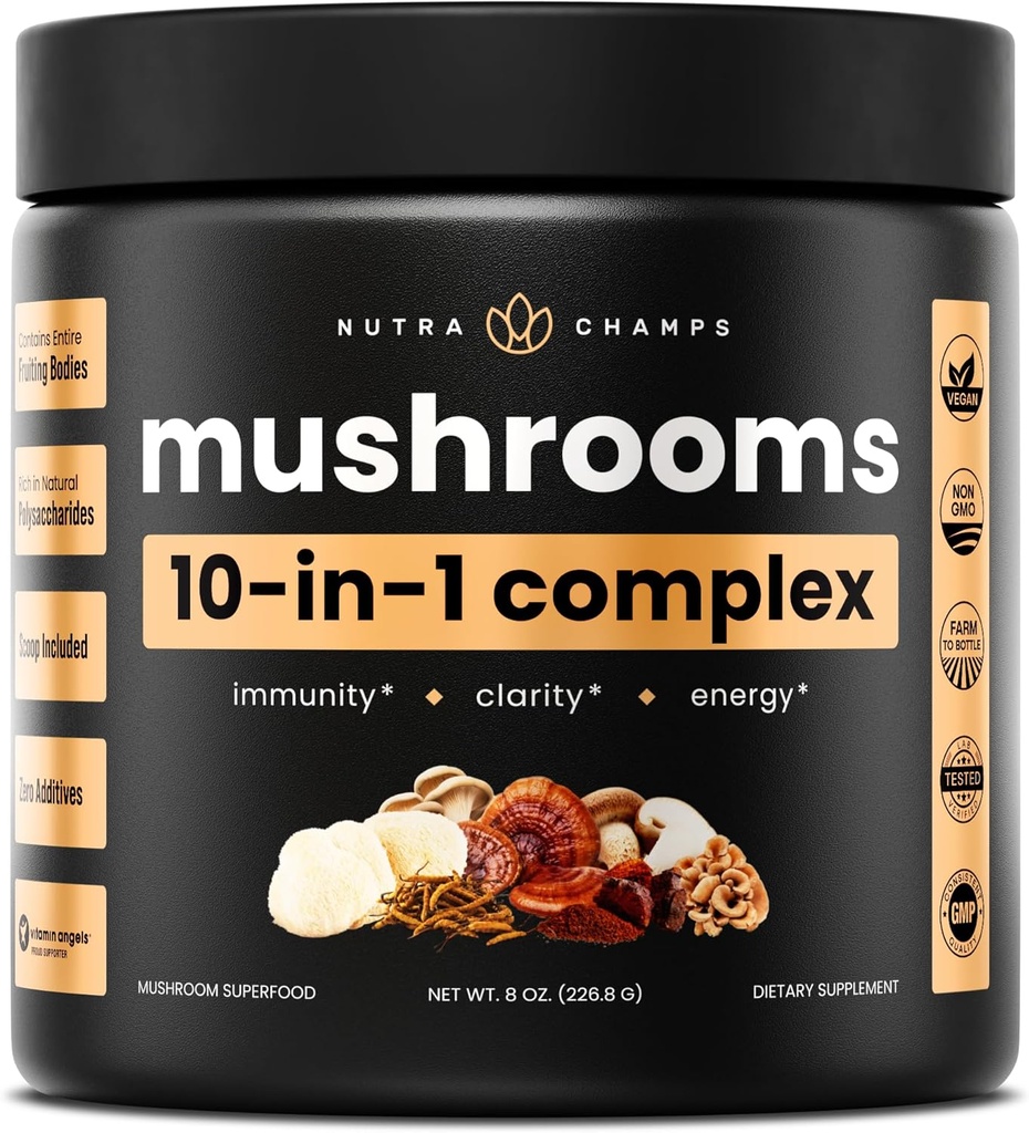 NutraChamps Organic Mushroom Powder - 10-in-1 Complex - Mushroom Supplement Powder Blend for Memory, Focus & Immune Support - 8oz (8.0 OZ, Mushroom Blend)