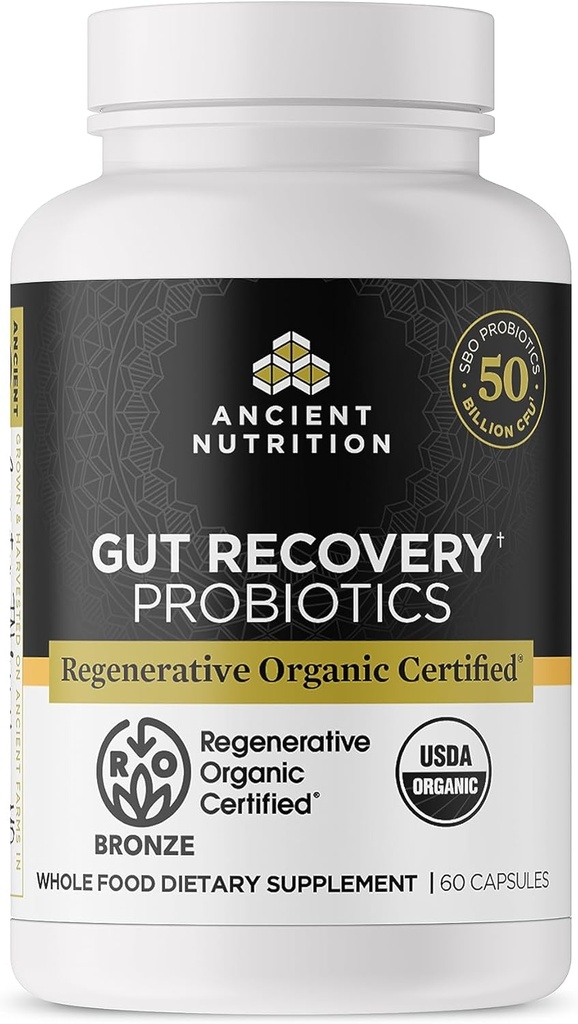 Ancient Nutrition Regenerative Organic Certified Probiotics for Gut Recovery, Probiotics Gut Recovery, for Healthy Digestion and Immune System Function Support, 50 Billion CFUs* Per Serving, 60 Count