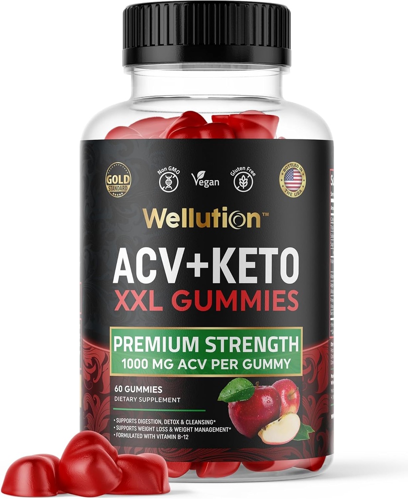 WELLUTION Apple Cider Vinegar Gummies 1000mg – Vegan, Non-GMO – with Beetroot & Pomegranate – Digestive, Energy & Detox Support – 60 Count