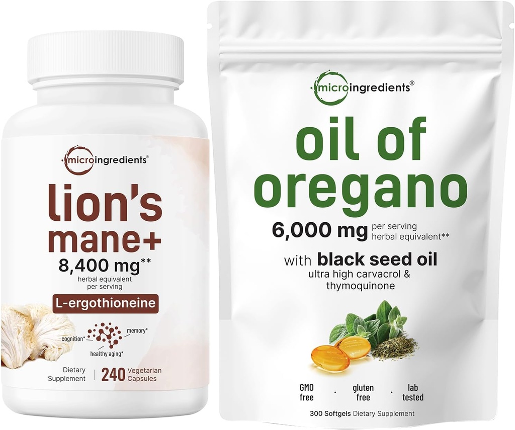 Micro Ingredients Oil of Oregano Softgels 300 Count & Lions Mane Supplement 240 Veggie Capsules Bundle 2 Pack | Carvacrol & Thymoquinone | Superfood Mushroom Antioxidants with L-Ergothioneine