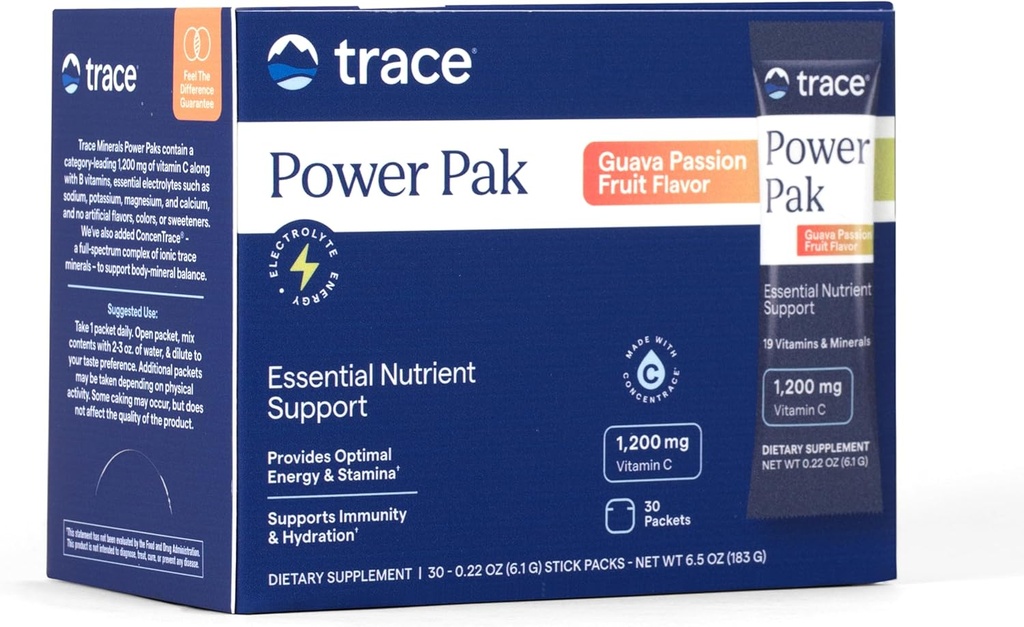 Trace Minerals Power Pak Multivitamin and Multimineral Packets - Electrolyte Support - 1200 mg Vitamin C plus 70+ Trace Minerals - Guava Passion Fruit Flavor - 30 Packets