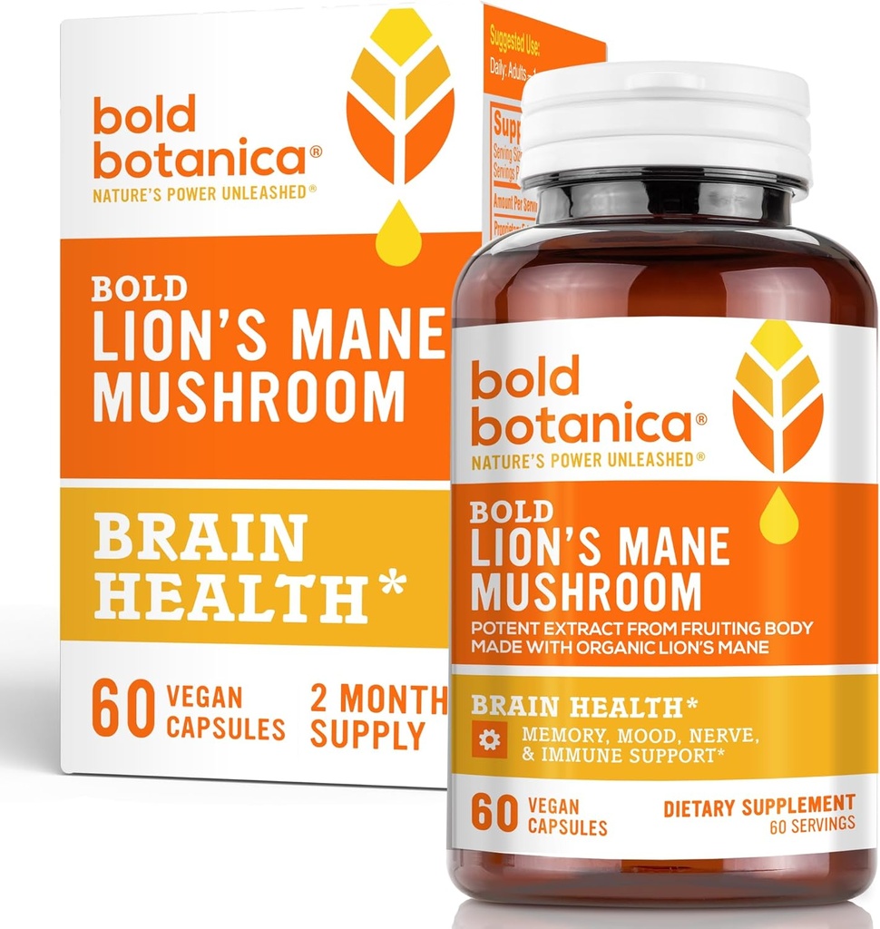 Bold Botanica Lion’s Mane Mushroom Capsules - 100% Fruiting Body – Concentrated Organic Lion’s Mane Extracts – Nootropic Brain Health – Memory, Mood, Immune Support – 60 Vegan Capsules