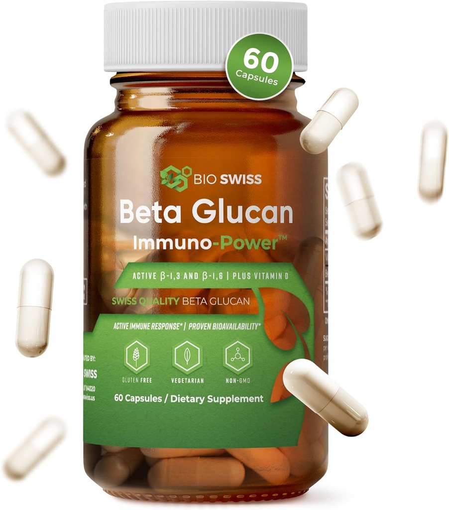 Bio Swiss Beta Glucan Immunity Power - 1,3D-1,6D Glucan with Vitamin D - Immune Support Supplement for Enhanced Defense and Wellness - Vegan, Gluten-Free (60 Capsules)