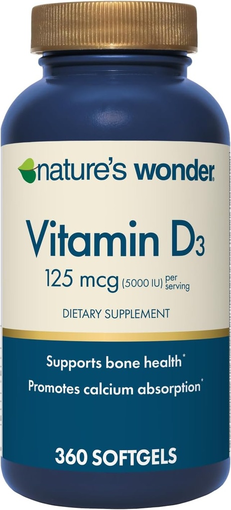 Nature's Wonder Vitamin D3 5000iu (125mcg) High Potency, Dietary Supplement to Support Bone Health and Immune System, Gluten Free, 360 Softgels, 1 Year Supply
