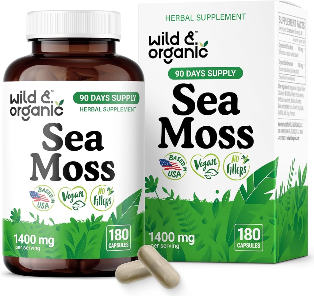 Wild & Organic Sea Moss Capsules - Irish Sea Moss Complex with Bladderwrack & Burdock Root for Overall Well-Being - 180 Vegan Seamoss Capsules
