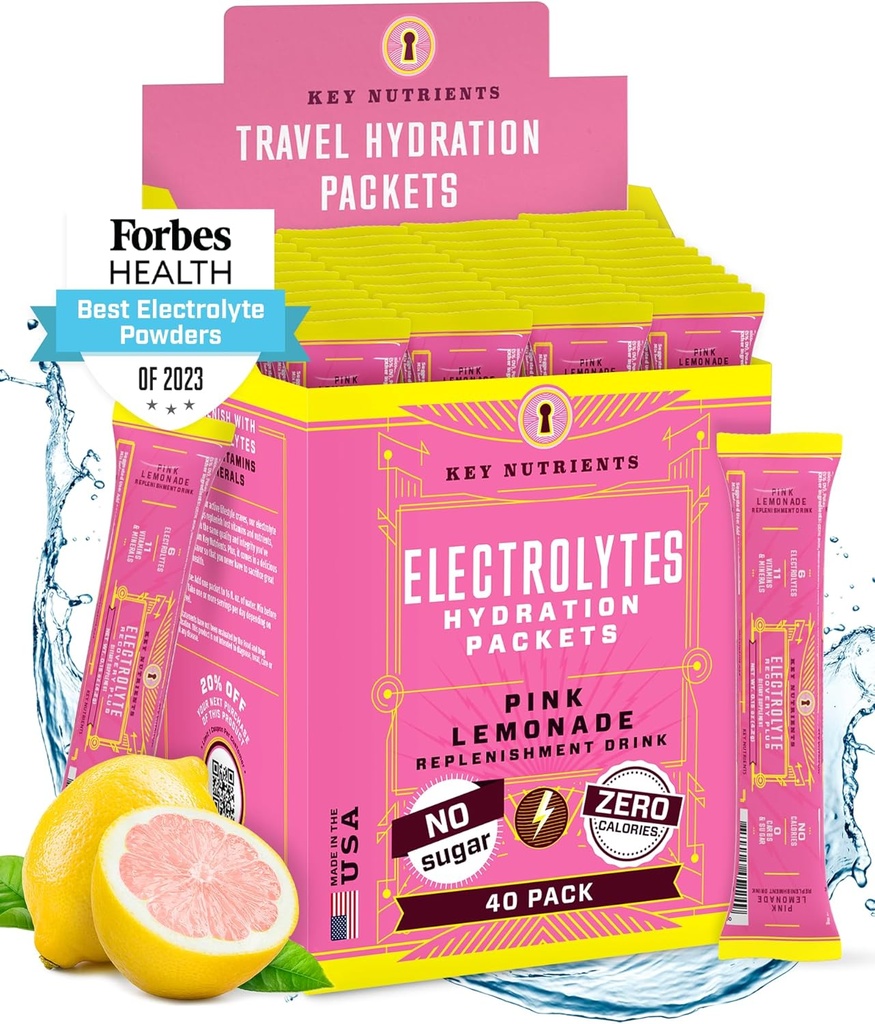 KEY NUTRIENTS Electrolytes Powder Packets - Fresh Pink Lemonade 40 Pack Hydration Packets - Travel Hydration Powder - No Sugar, No Calories, Gluten Free - Made in USA