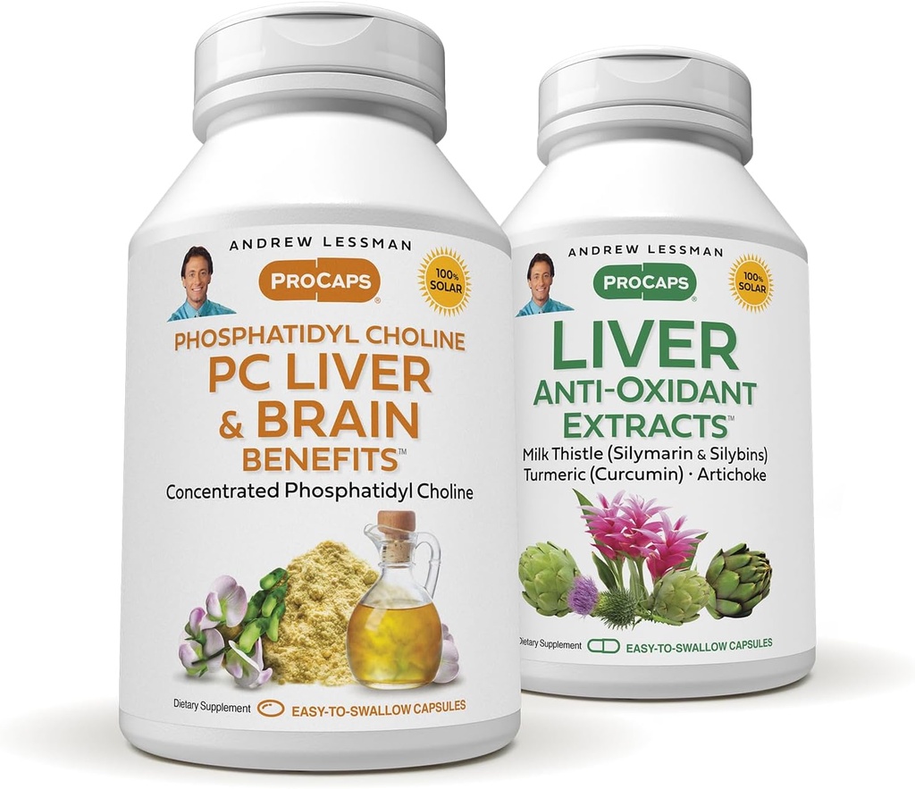 ANDREW LESSMAN PC Liver and Brain Benefits + Liver Anti-Oxidant Extracts Kit: 90 Capsules(60sg+30cp) - Phosphatidyl Choline, Milk Thistle, Artichoke, Curcumin.