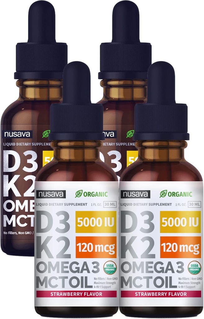 (4 Pack) Vitamin D3 K2 Drops Unflavored & Strawberry Flavor Bundle - Maximum Strength Vitamin D Liquid 5000 IU with MCT Oil Omega 3 - No Fillers, Non-GMO Liquid D3 for Immune Support, 2 Fl Oz Each