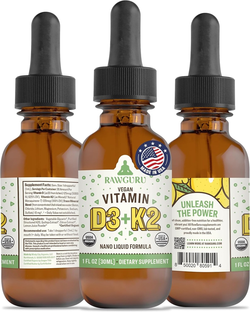 RawGuru Vitamin D3 and K2 - Organic Vegan Vitamin D3 with K2 & Trace Minerals - Nano-Processed Antioxidant & Immune Support Supplement Tincture - 30 Servings of Vegan Drops per 30 ml, Pack of 1