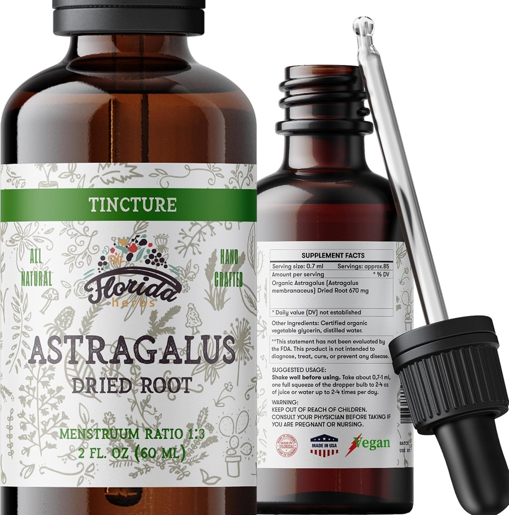 Astragalus Tincture, Organic Astragalus Extract (Astragalus membranaceus) Herbal Supplement, Non-GMO in Cold-Pressed Organic Vegetable Glycerin, 700 mg, 2 oz (60 ml)