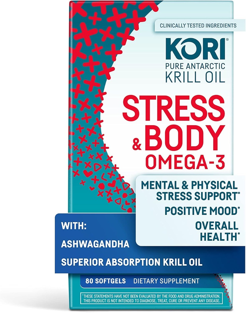 Kori Stress & Body Adaptogen Supplement - Krill Oil & Ashwagandha/Omega-3 Fatty Acids for Heart, Brain, Eye, & Joint Health/Occasional Stress, Mood, & Sleep Support / 80 softgels