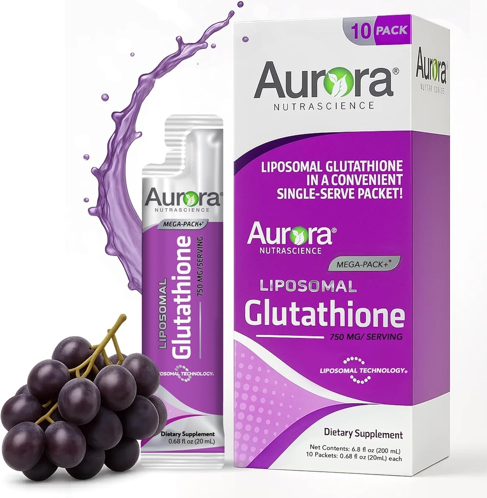Aurora Nutrascience Mega-Liposomal Liquid Glutathione, Immune & Antioxidant Gut Health Support Supplement, 750 mg per Serving, Non-GMO, Sugar-Free, 10 Single Serve Packets
