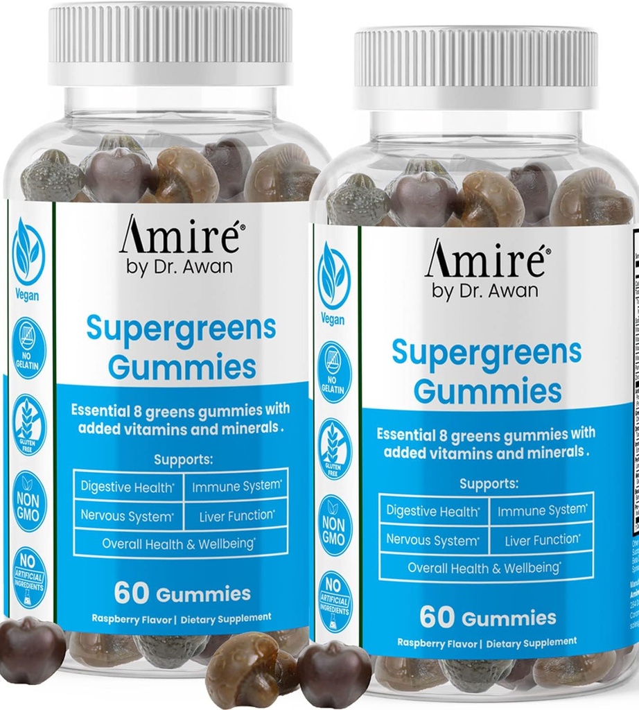 Amire by Dr. Awan Super Greens Gummies, Fruits & Veggies Supplement, Green Superfood for Immunity, Metabolism, Liver Function & Nervous System, Essential 8 Greens, 120ct, 60day Supply